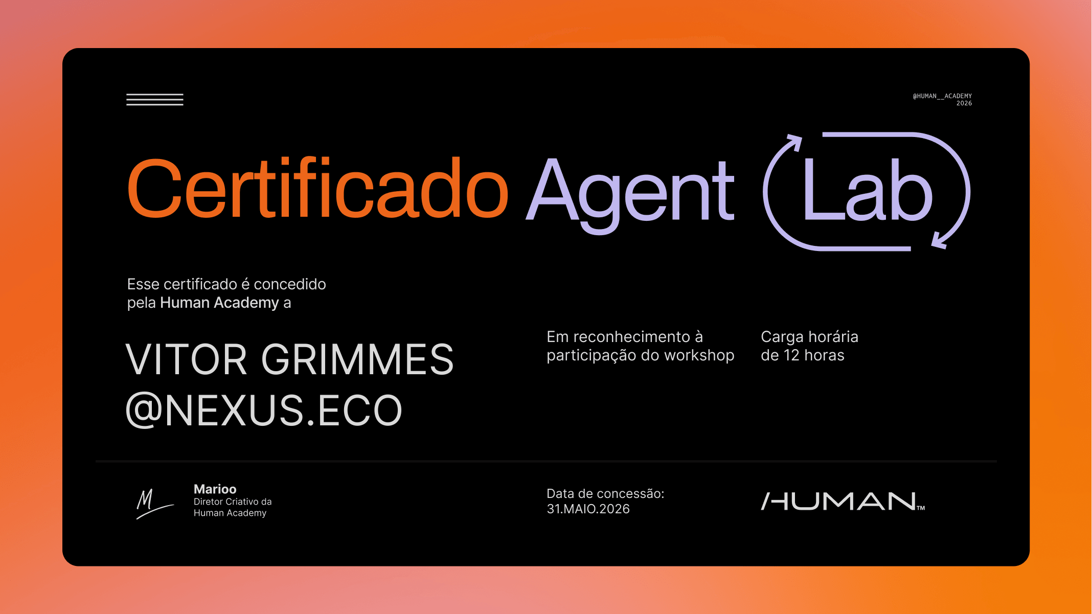 Certificado Agent Lab — Human Academy, concedido a Vitor Grimmes (2026)